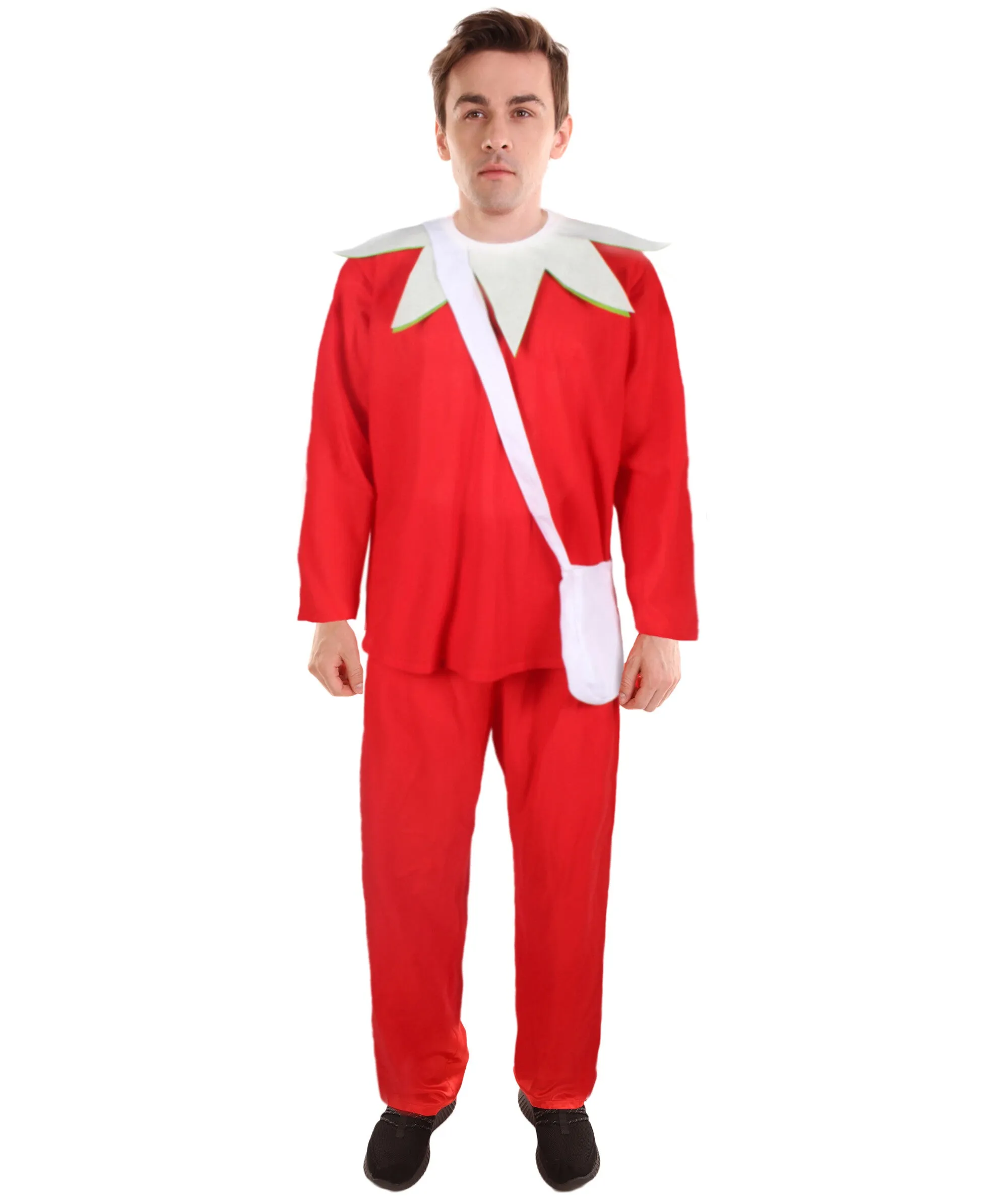Adult Men's Santa's Sidekick Costume - A Festive Red Outfit with an Accommodating Gift Bag, Cozy Hand Gloves, and a Classic Pointy Hat