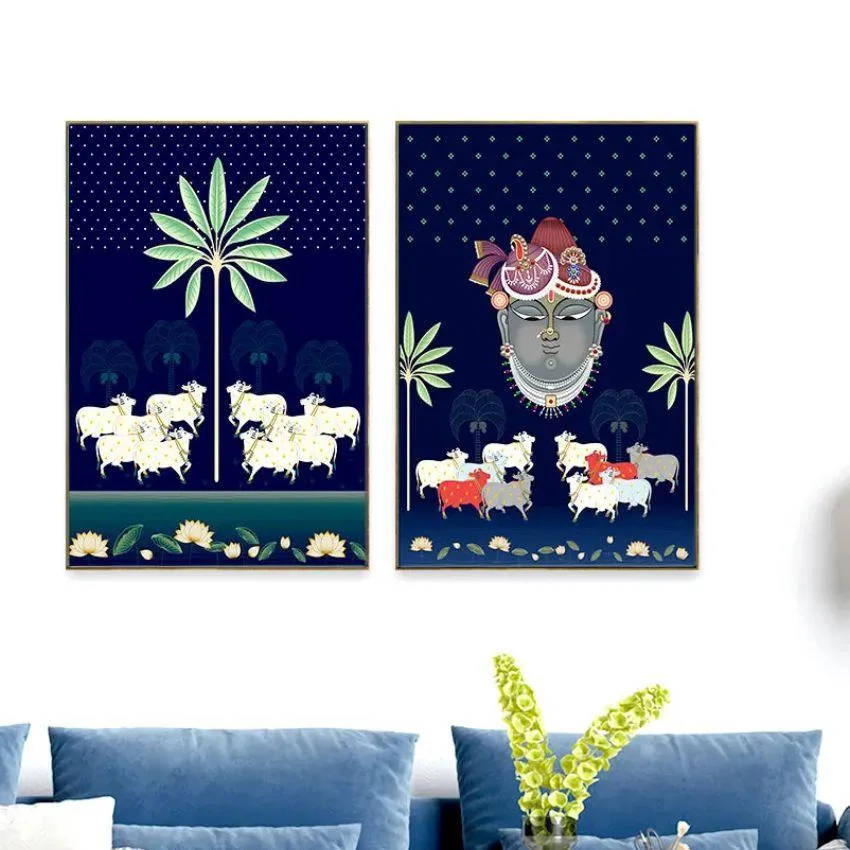 Aesthetic Pichwai Krishna Art Wall Frame | Set of 2