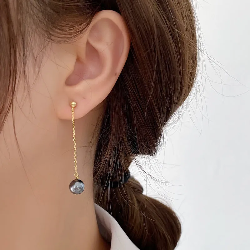 Black Pearl Long Tassel Silver Drop Earrings for Women