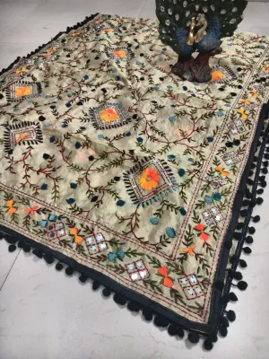 Black Silk Pom Pom Phulkari Dupatta with Exquisite Handwork Embroidery