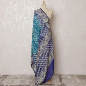 Blue and Teal Bandhani Silk Georgette Dupatta with Intricate Golden Floral Border – 265 x 110 Cms, India-D20295