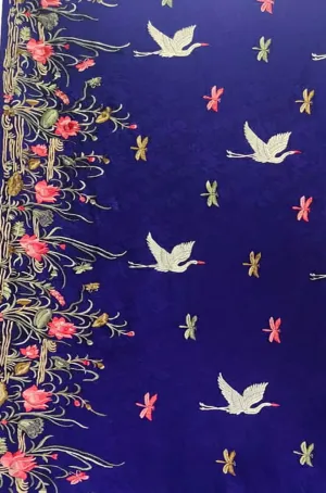 Blue Hand Embroidered Parsi Gara Pure Crepe Bird Design Saree