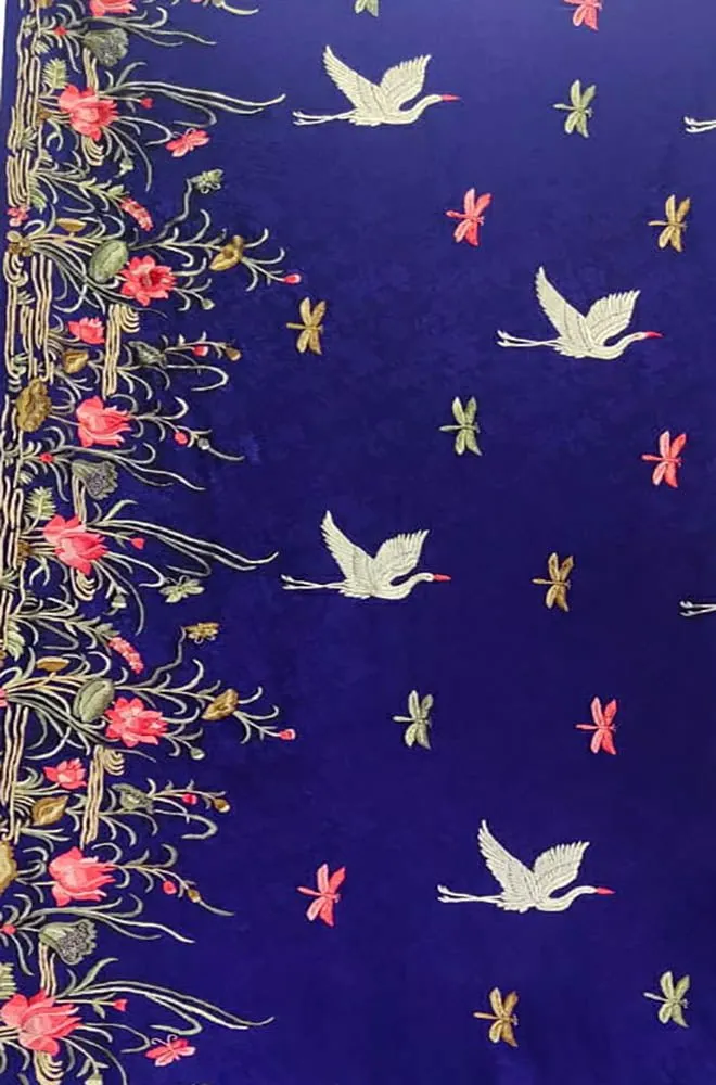 Blue Hand Embroidered Parsi Gara Pure Crepe Bird Design Saree