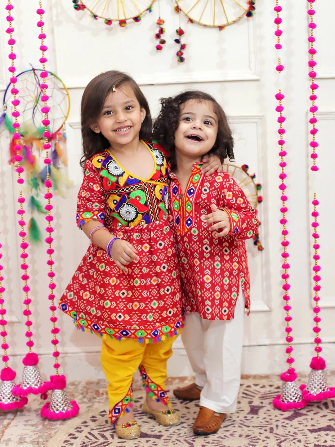 BownBee Embroidered Printed Cotton Kurta with Cotton Pajama- Red with  Embroidered Printed Cotton Top with Cotton Dhoti- Red
