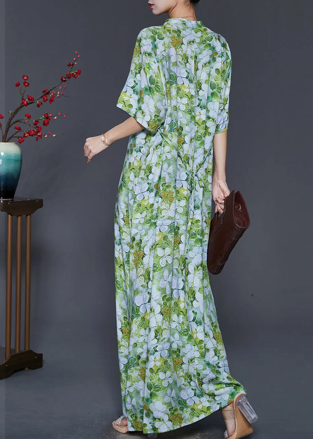 Chinese Style Green Print Cotton Cheongsam Dresses Summer SD1083