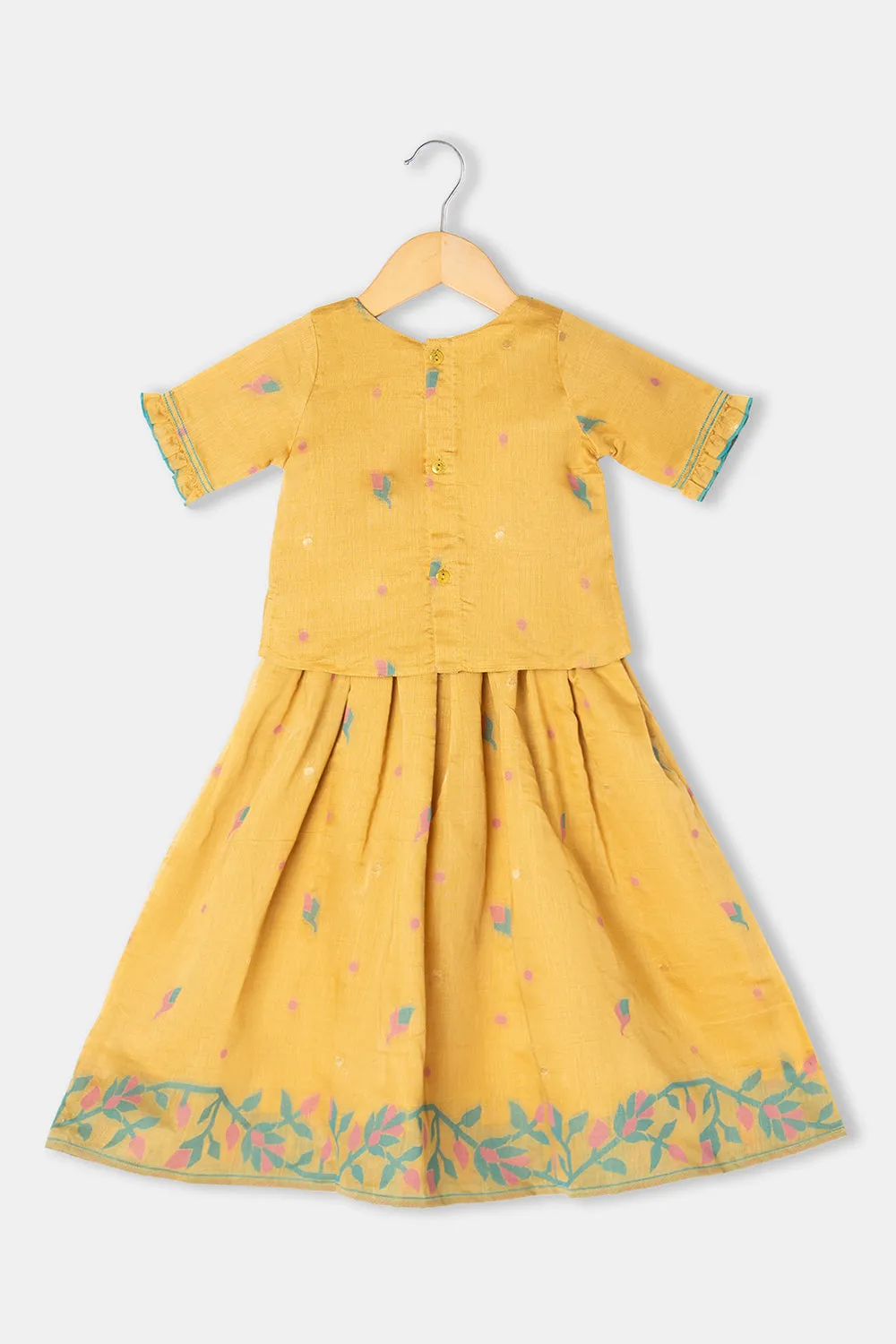 Chittythalli Girls Pavadai Set Cotton Blend with Sweetheart Neckline & Box Pleat Skirt- Yellow - PS75