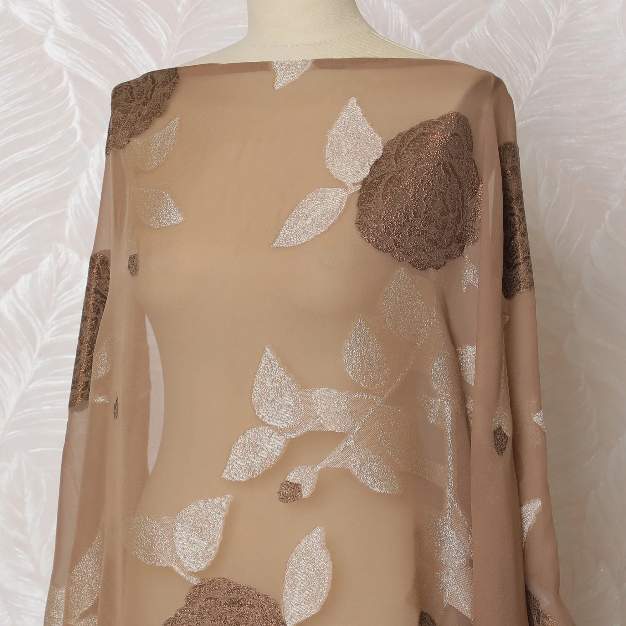 Elegant Beige and Copper Floral Pattern Pure French Silk (Fransawi Dirac) Chiffon Fabric – 140 cm Wide X 3.5 Mtrs-D19844