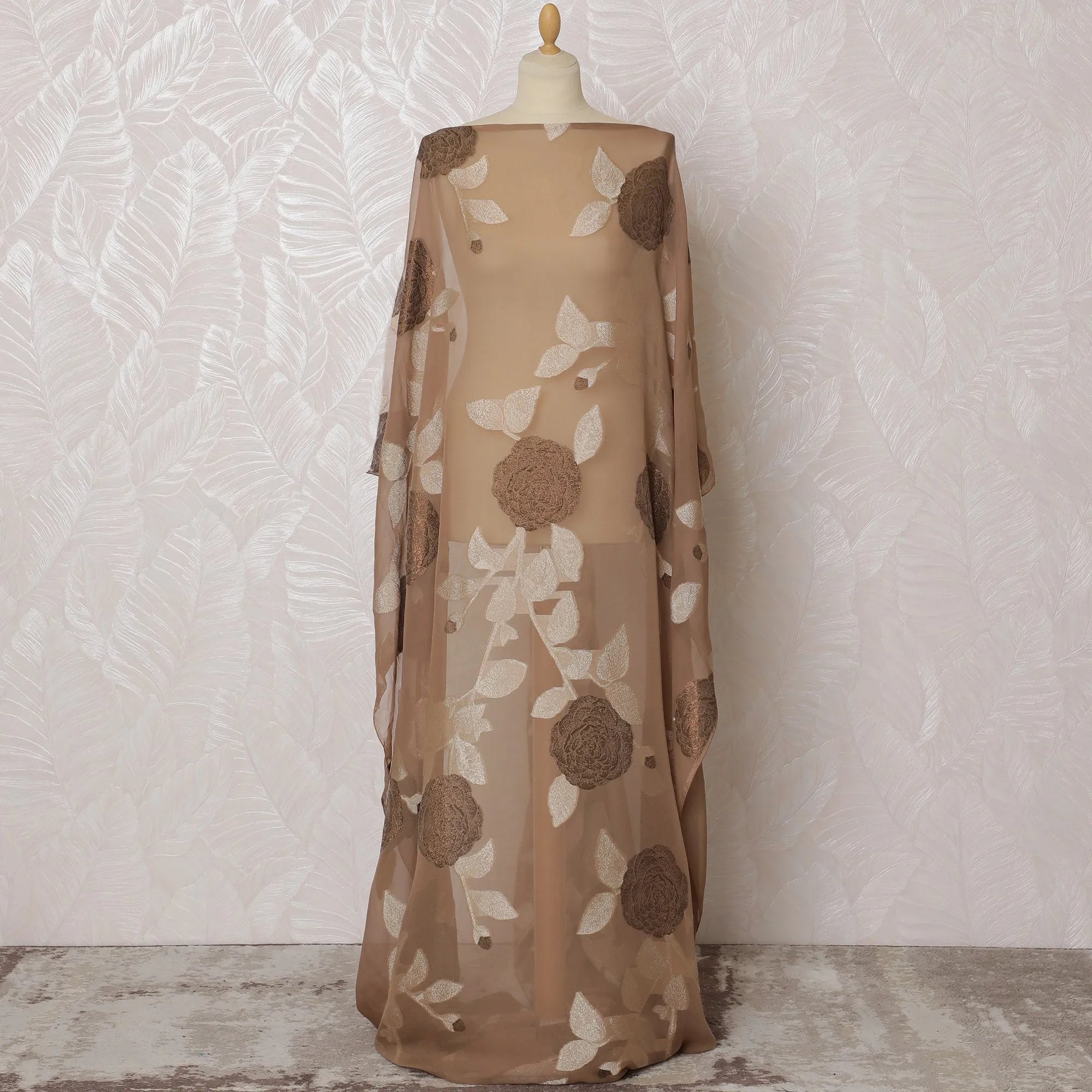 Elegant Beige and Copper Floral Pattern Pure French Silk (Fransawi Dirac) Chiffon Fabric – 140 cm Wide X 3.5 Mtrs-D19844