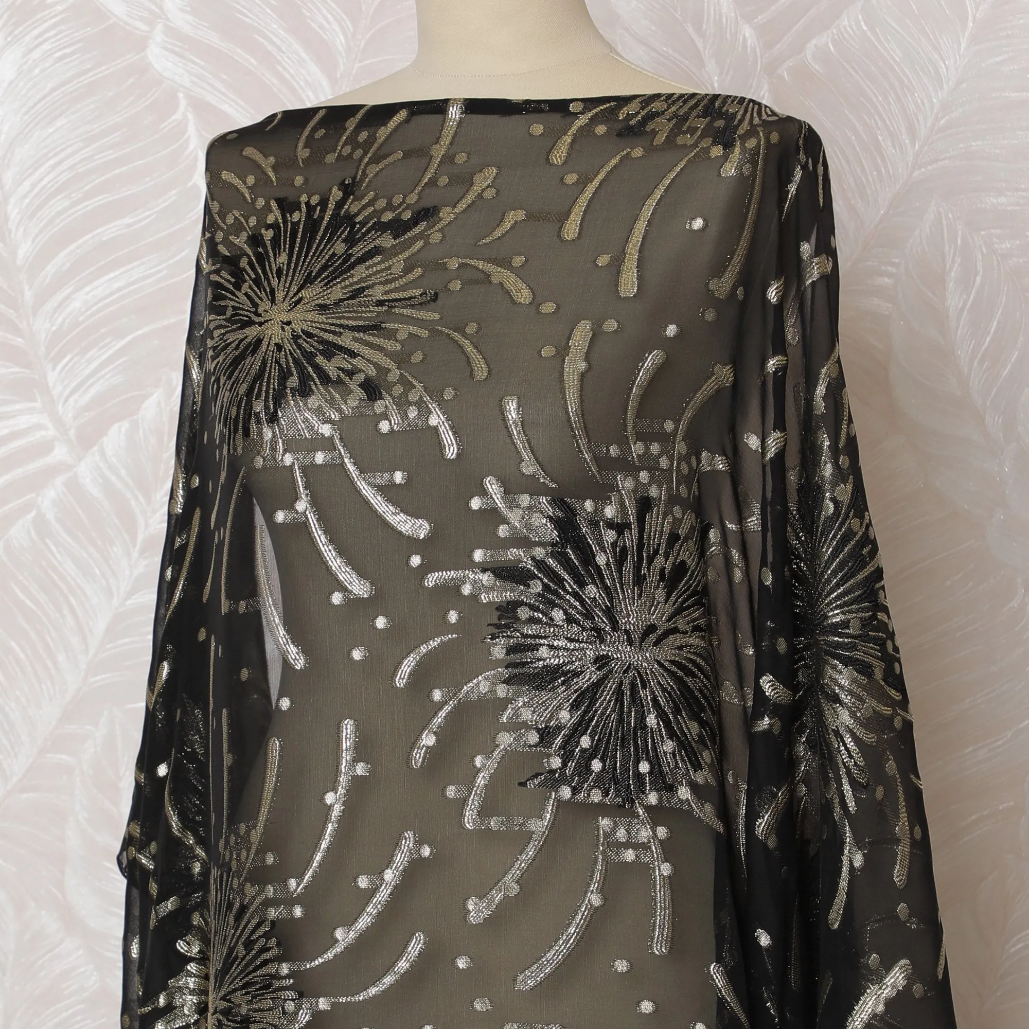 Elegant Black and Silver Firework Pattern Pure French Silk (Fransawi Dirac) Chiffon Fabric – 140 cm Wide X 3.5 Mtrs-D19850