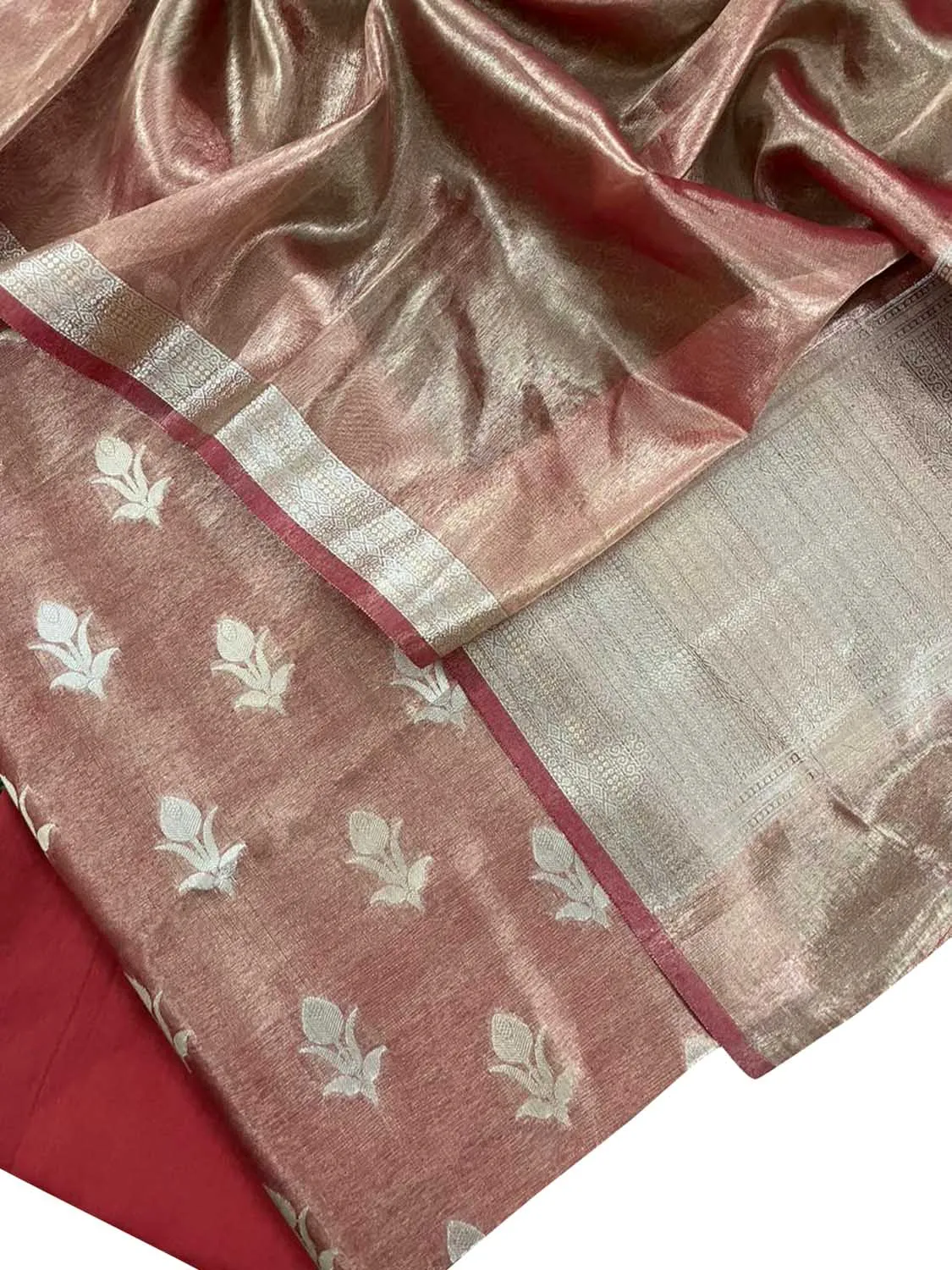 Elegant Red Banarasi Tissue Silk Three Piece Suit Set