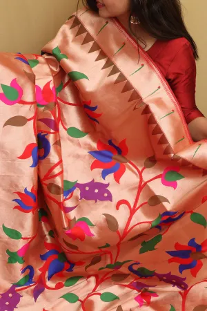 Elegant Red Paithani Silk Peacock & Floral Dupatta