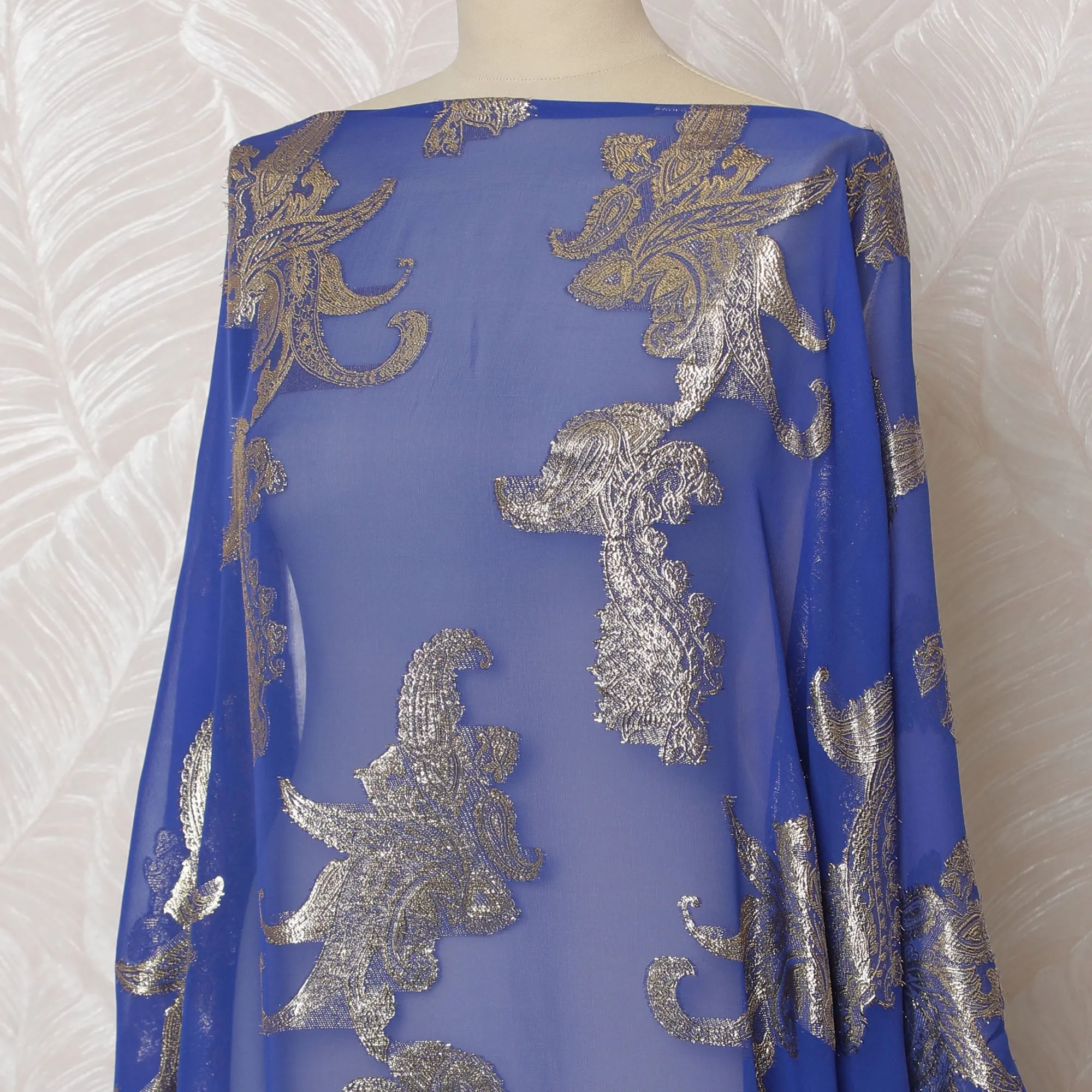Elegant Royal Blue and Silver Floral Pattern Pure French Silk (Fransawi Dirac) Chiffon Fabric – 140 cm Wide X 3.5 Mtrs-D19855