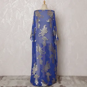 Elegant Royal Blue and Silver Floral Pattern Pure French Silk (Fransawi Dirac) Chiffon Fabric – 140 cm Wide X 3.5 Mtrs-D19855