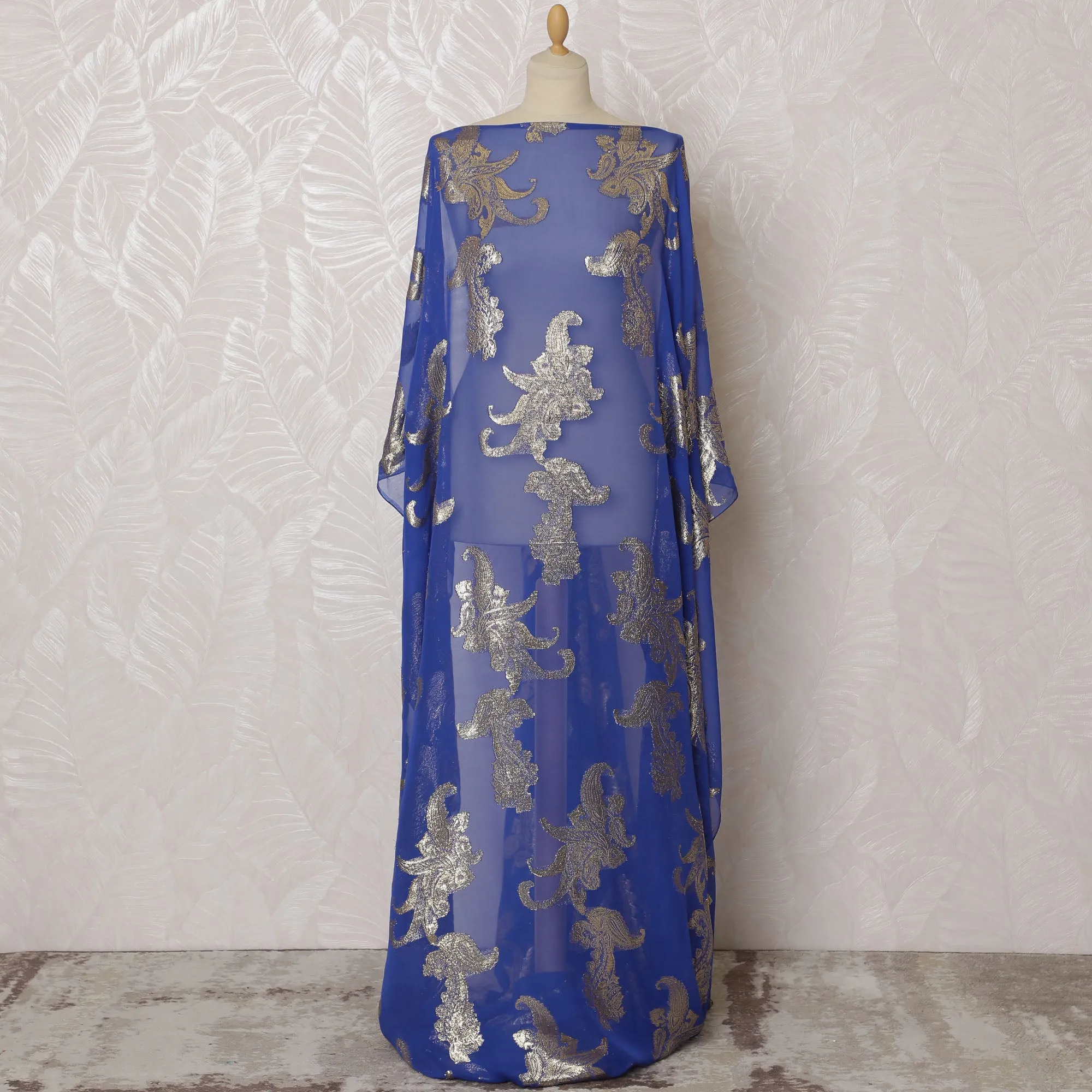Elegant Royal Blue and Silver Floral Pattern Pure French Silk (Fransawi Dirac) Chiffon Fabric – 140 cm Wide X 3.5 Mtrs-D19855