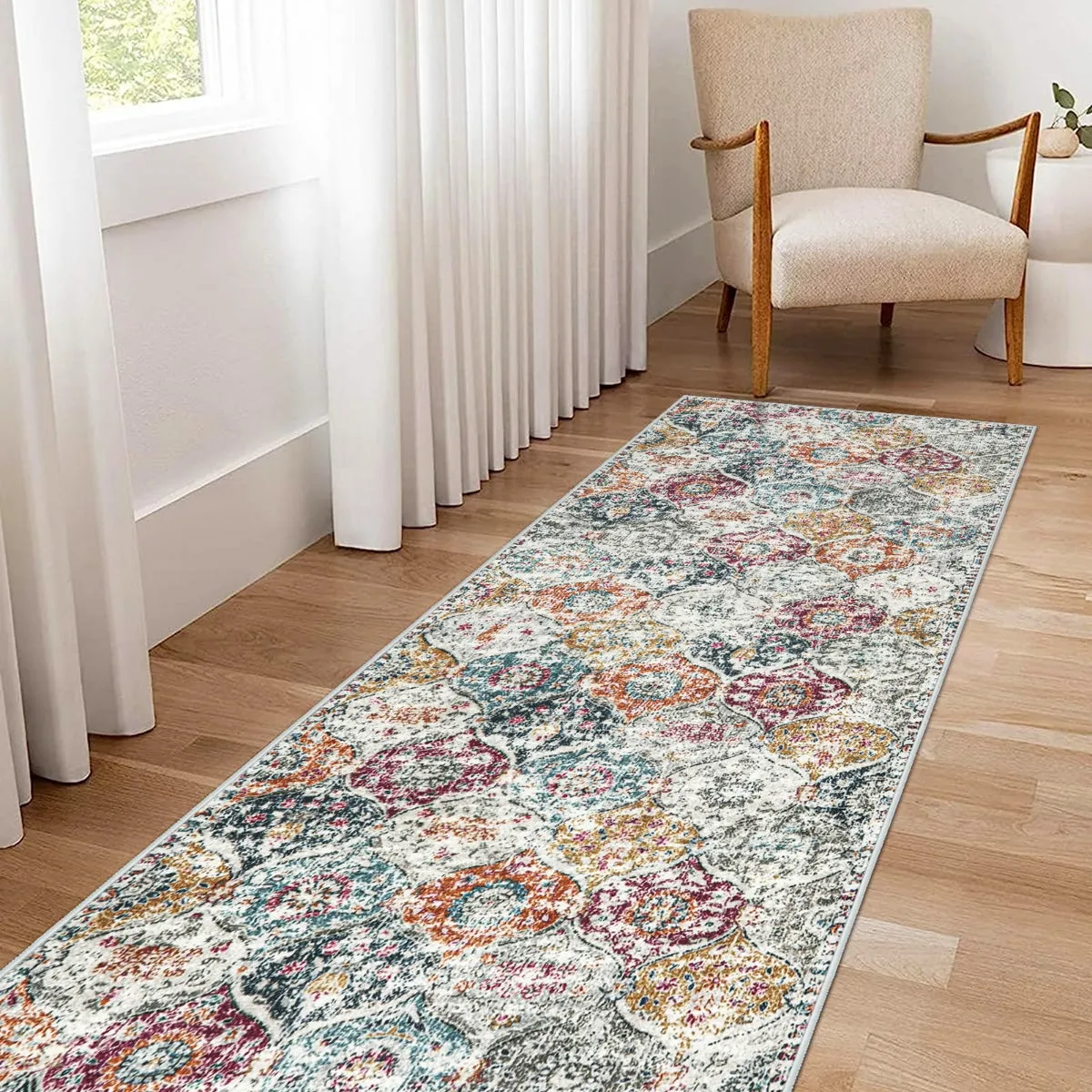 Elise Ultra-thin Transitional Vintage Floral Moroccan Trellis Aqua Rug