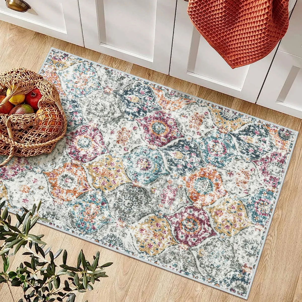 Elise Ultra-thin Transitional Vintage Floral Moroccan Trellis Aqua Rug