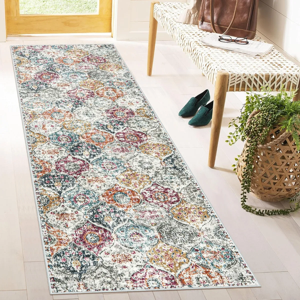 Elise Ultra-thin Transitional Vintage Floral Moroccan Trellis Aqua Rug