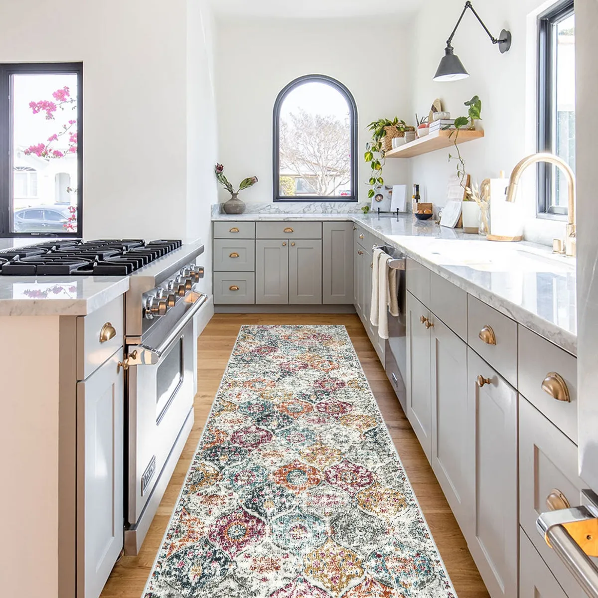 Elise Ultra-thin Transitional Vintage Floral Moroccan Trellis Aqua Rug