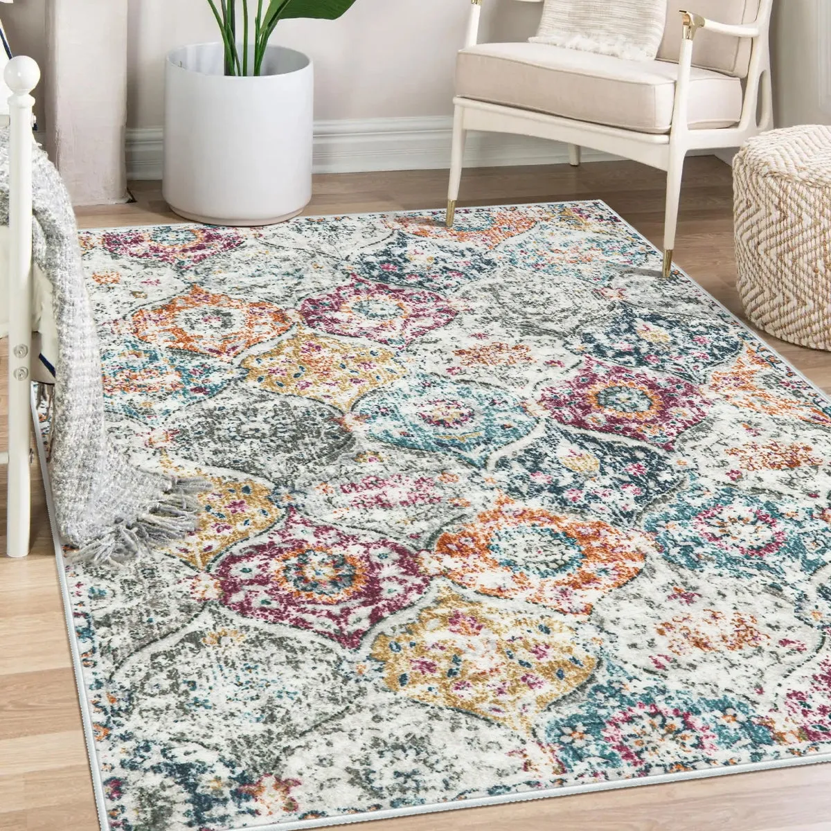 Elise Ultra-thin Transitional Vintage Floral Moroccan Trellis Aqua Rug