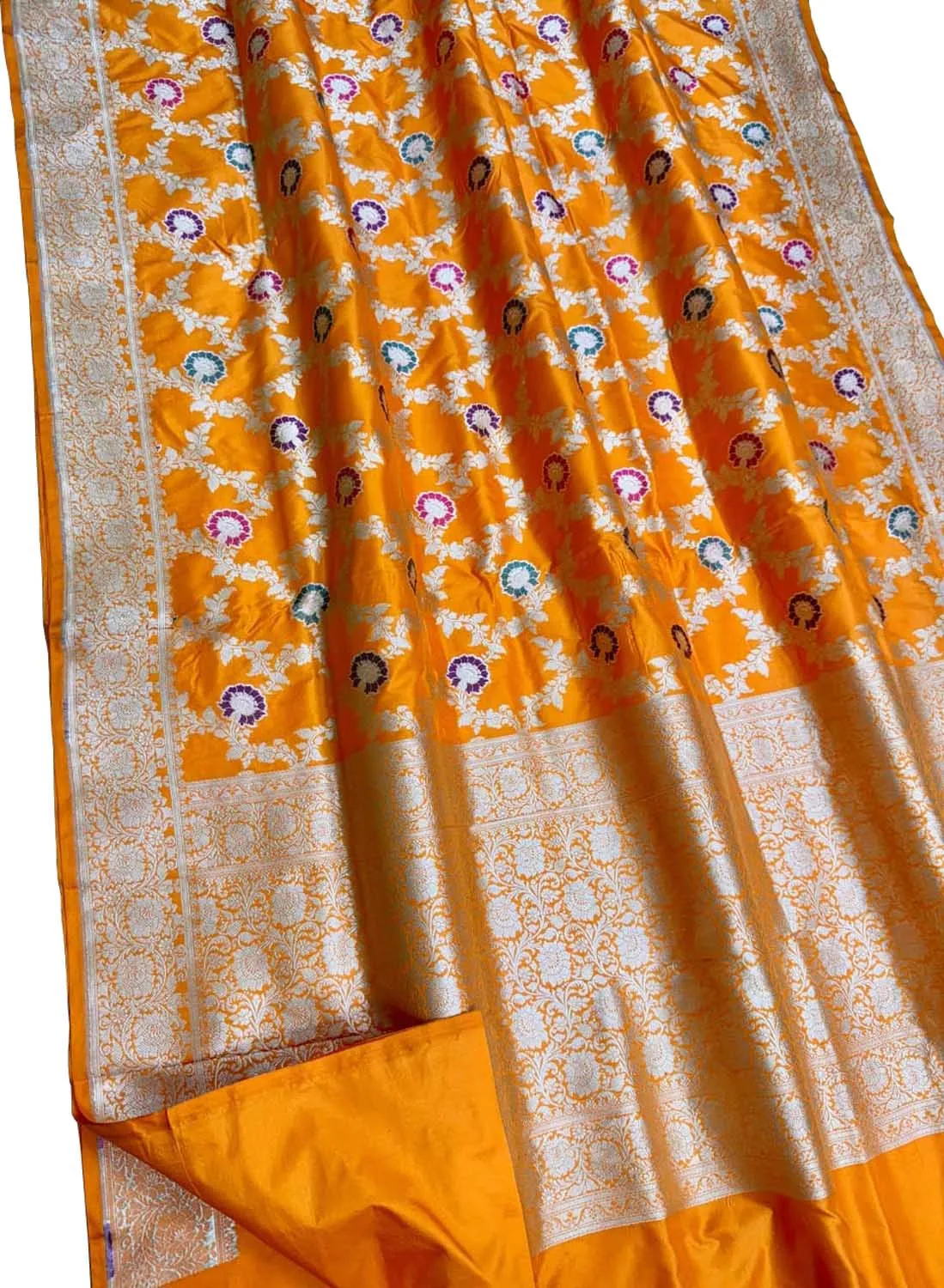 Exquisite Orange Handloom Banarasi Meenakari Pure Katan Silk Saree