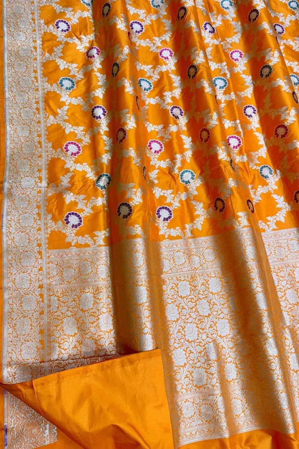 Exquisite Orange Handloom Banarasi Meenakari Pure Katan Silk Saree
