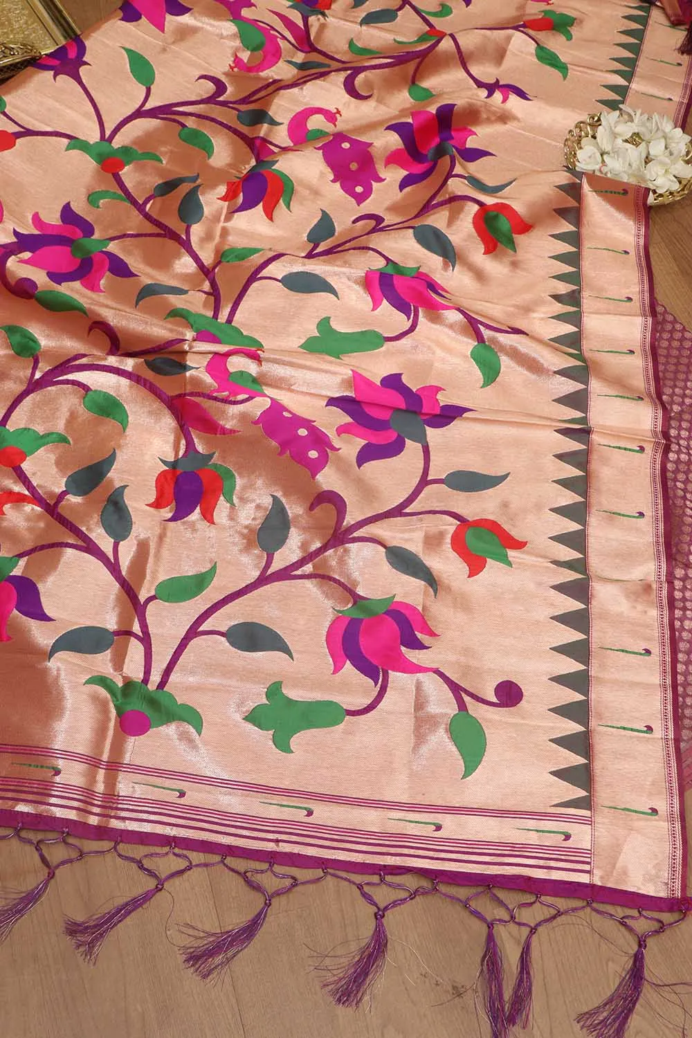 Exquisite Purple Banarasi Silk With Purple Paithani Silk Peacock & Floral Design Dupatta