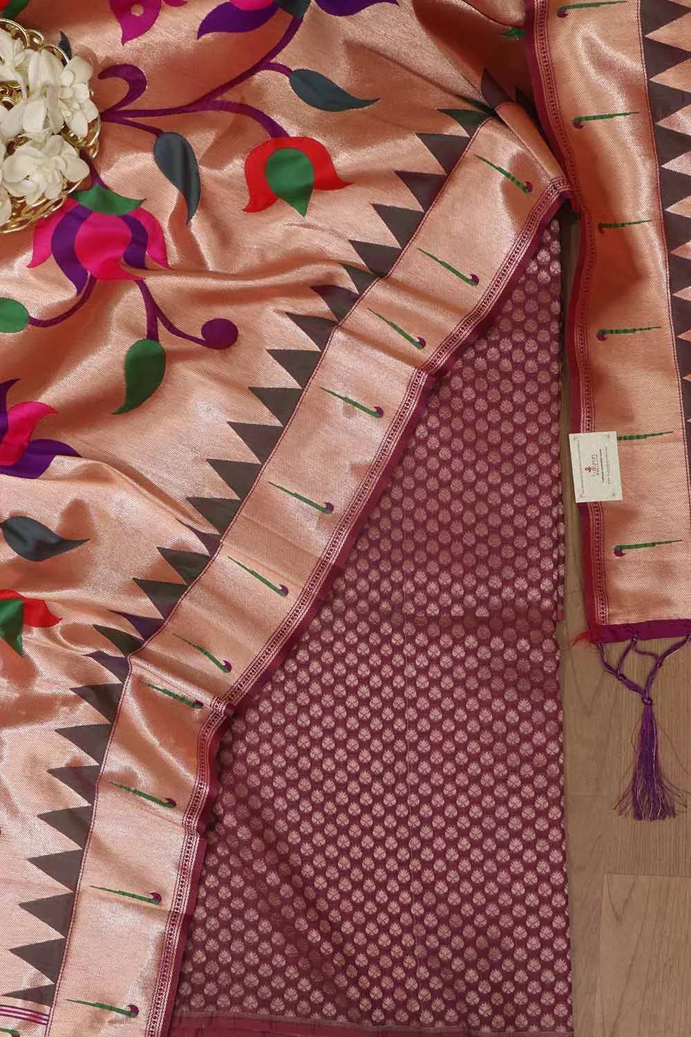 Exquisite Purple Banarasi Silk With Purple Paithani Silk Peacock & Floral Design Dupatta