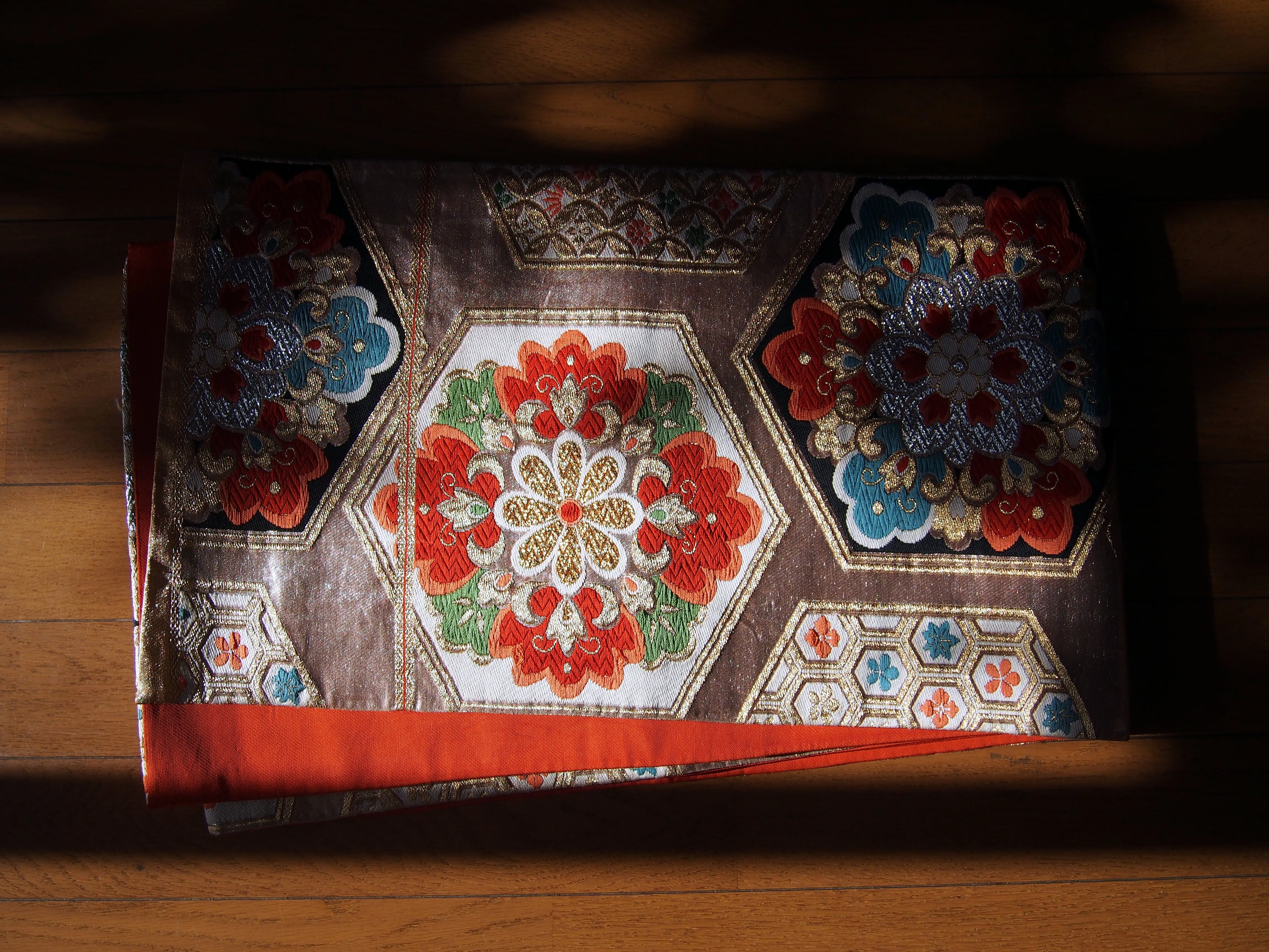 Fukuro obi- rose gold w/hexagonal flower tiles