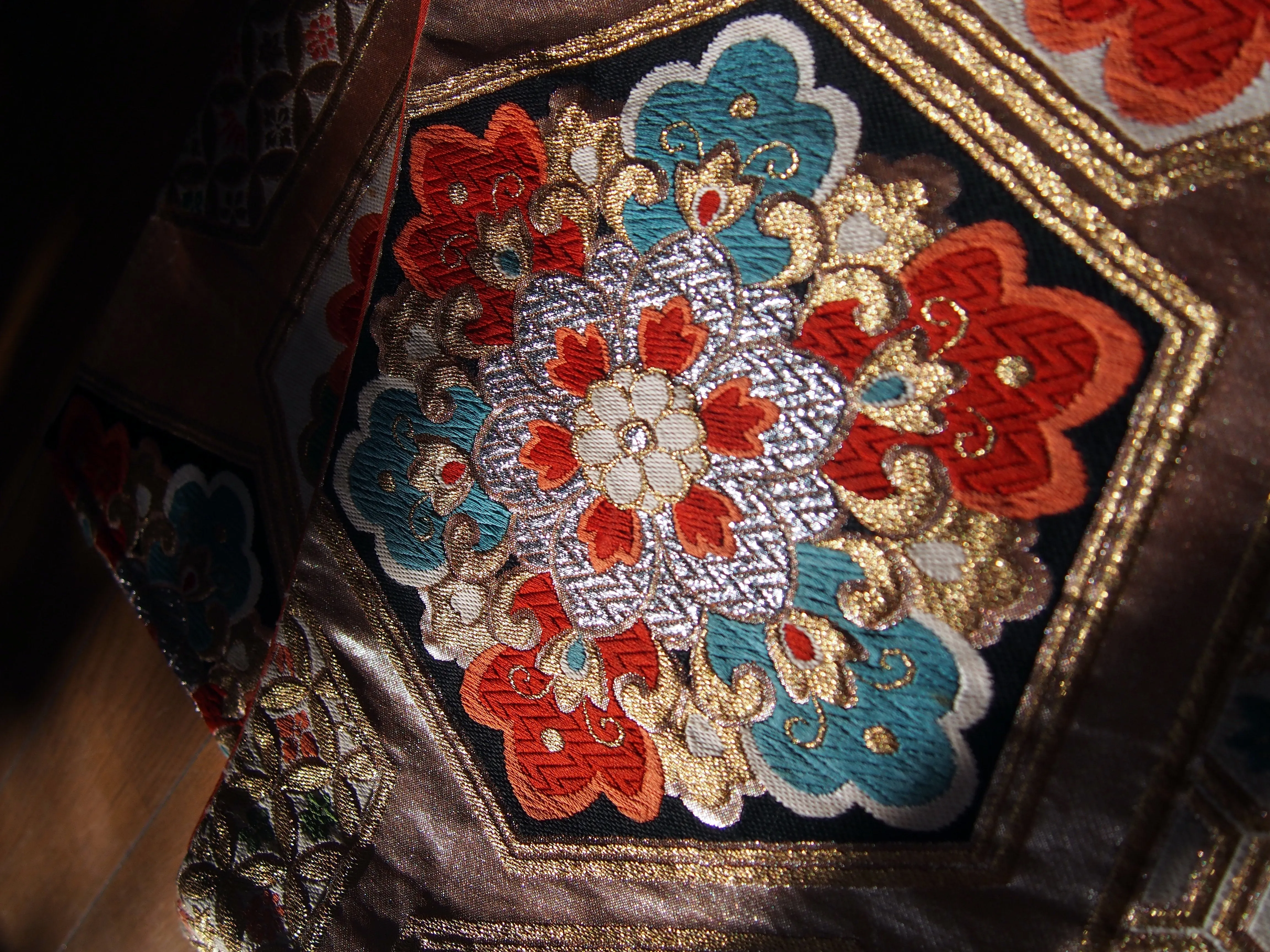Fukuro obi- rose gold w/hexagonal flower tiles