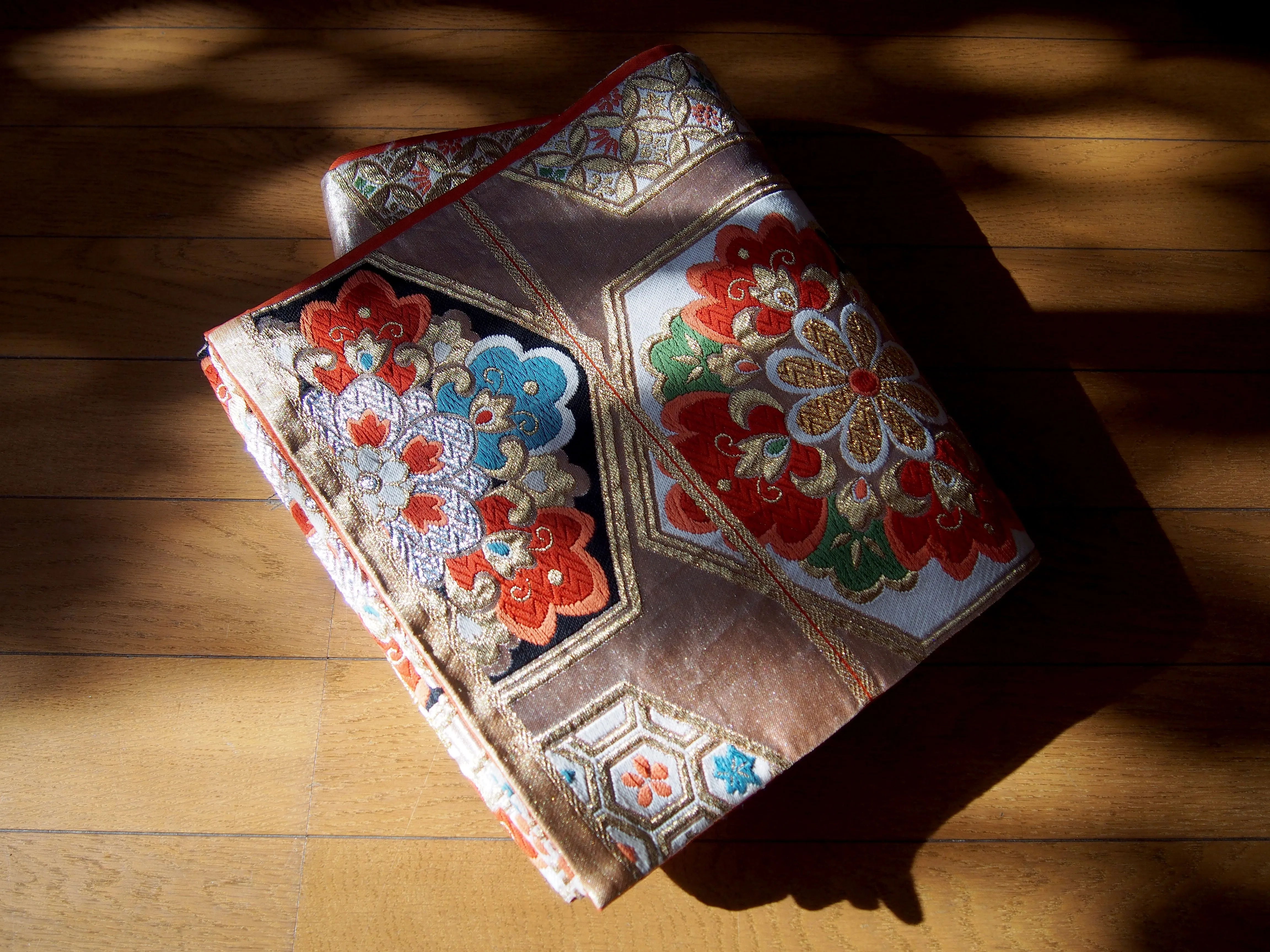 Fukuro obi- rose gold w/hexagonal flower tiles