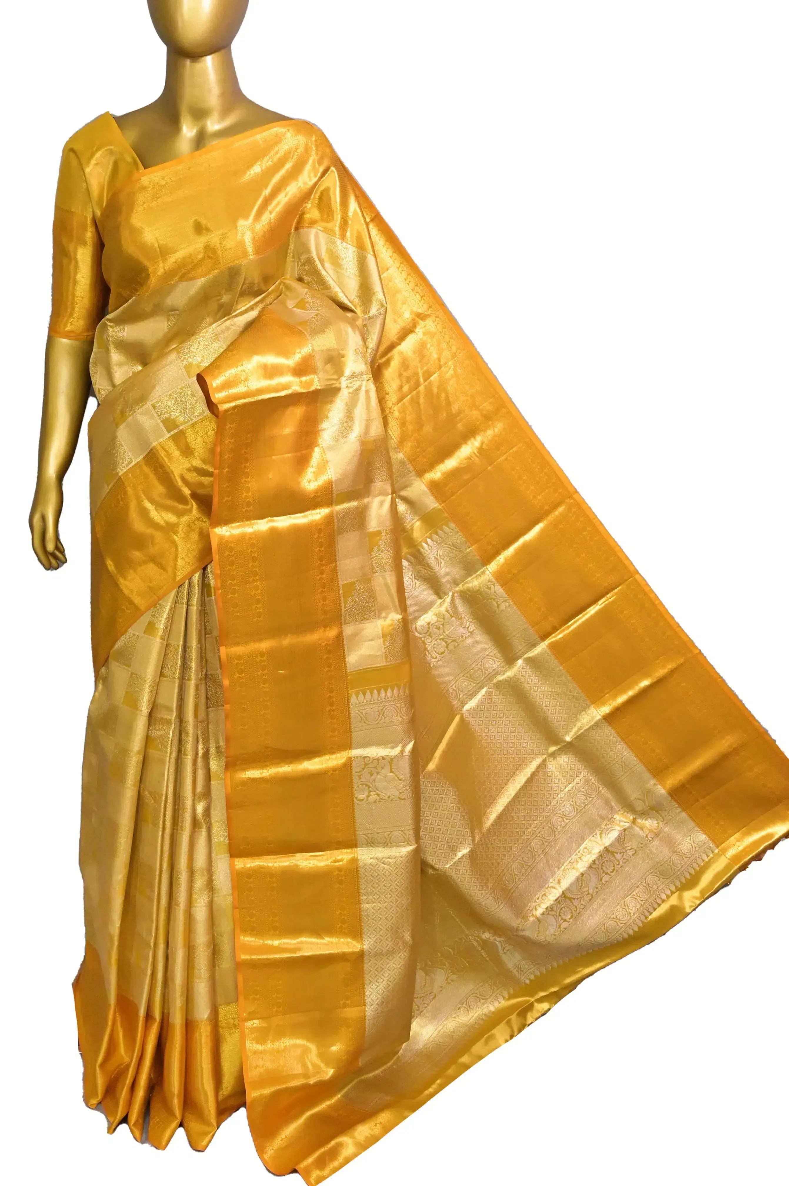 Golden Yellow Color Tissue Kanjeevaram Silk Saree with Allover Silver Zari Work