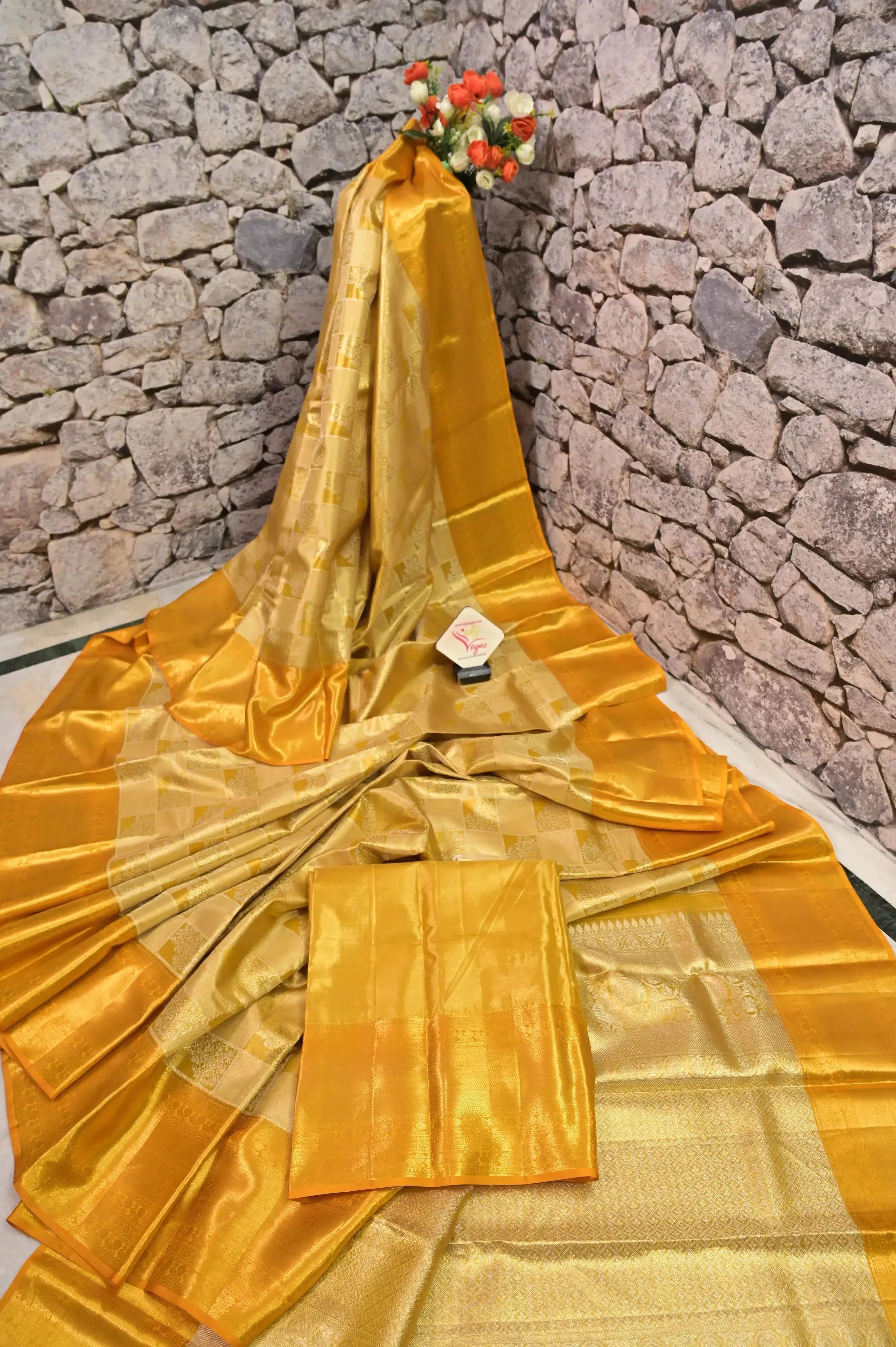 Golden Yellow Color Tissue Kanjeevaram Silk Saree with Allover Silver Zari Work