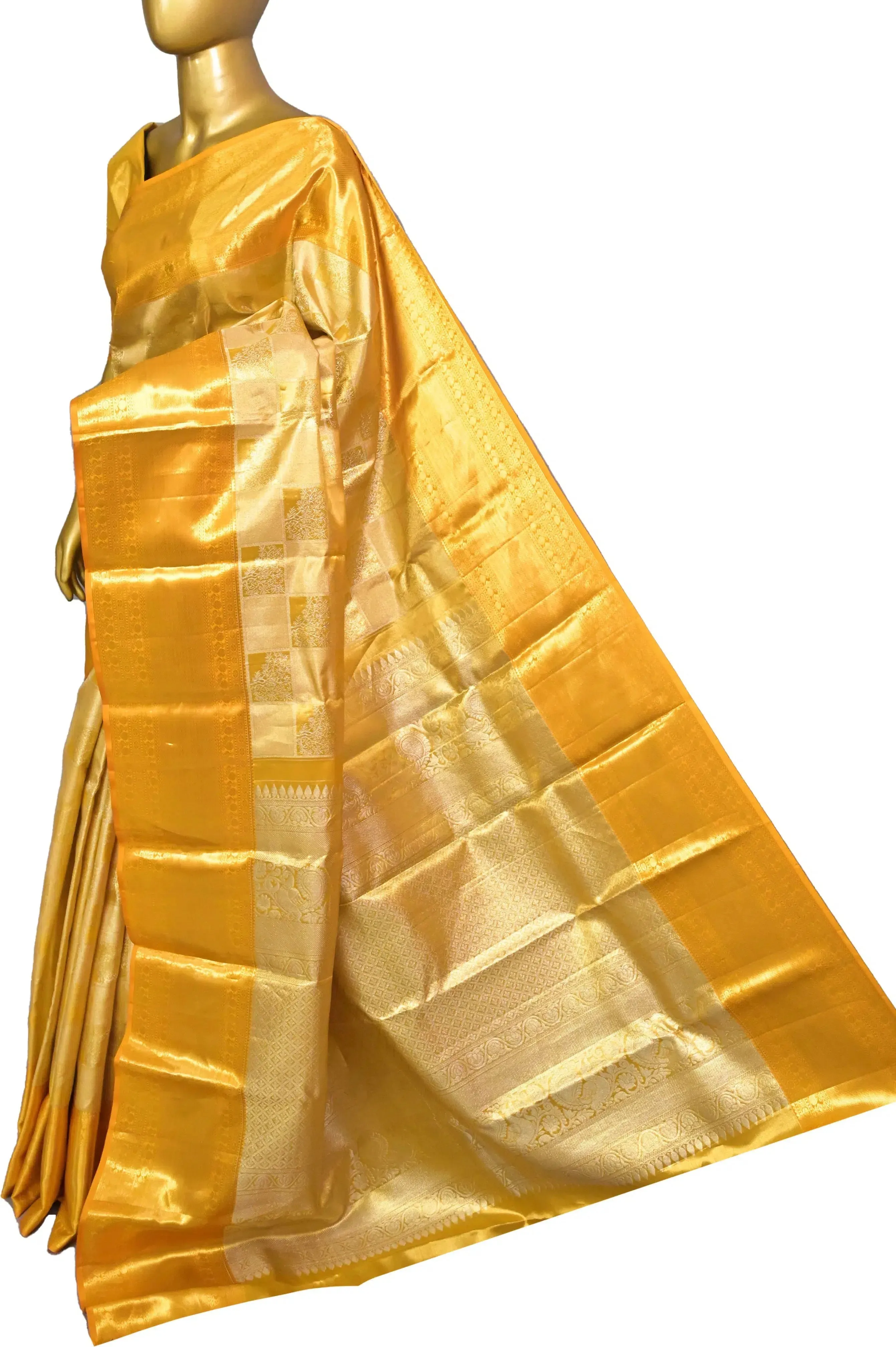 Golden Yellow Color Tissue Kanjeevaram Silk Saree with Allover Silver Zari Work