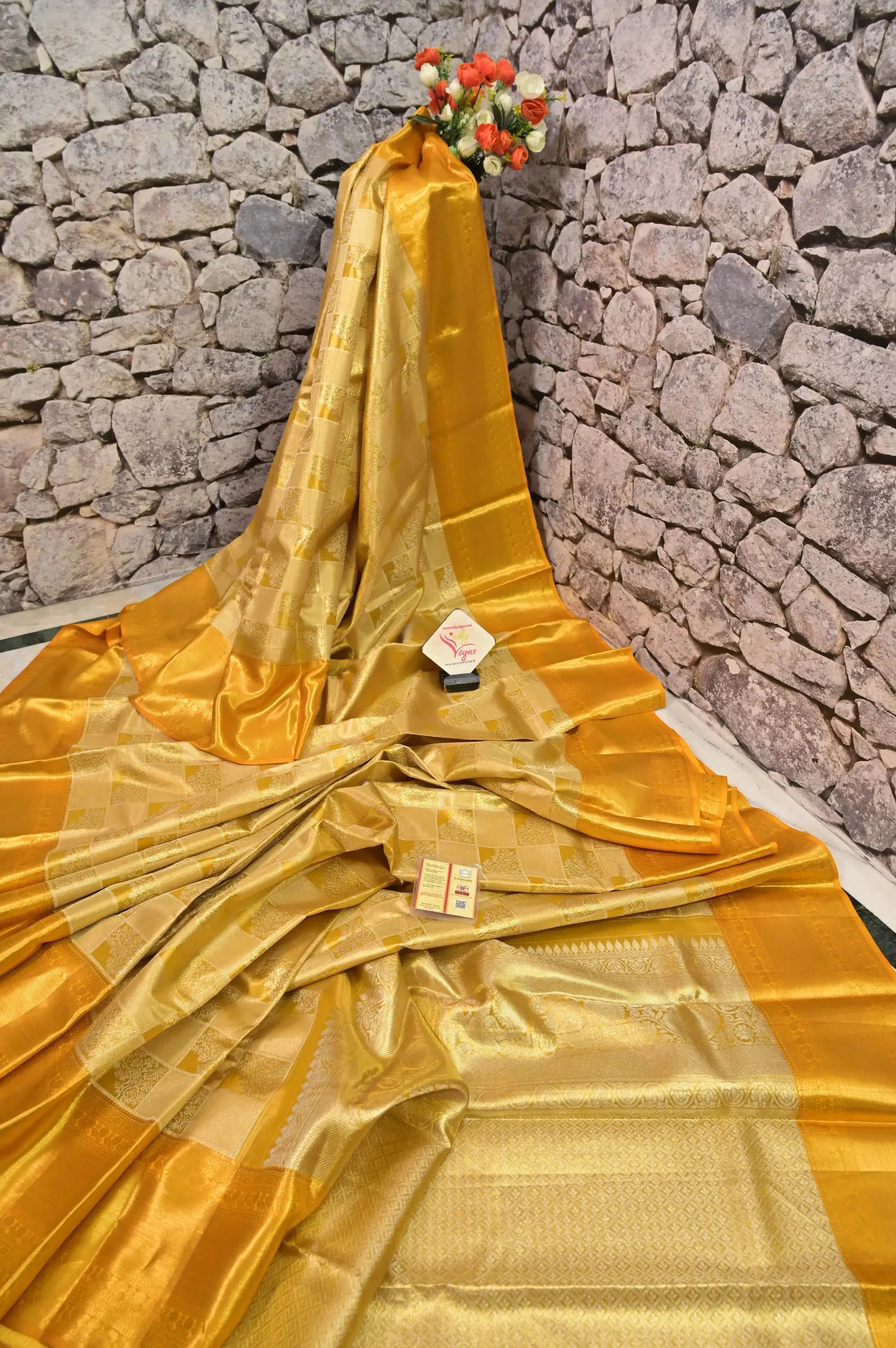 Golden Yellow Color Tissue Kanjeevaram Silk Saree with Allover Silver Zari Work
