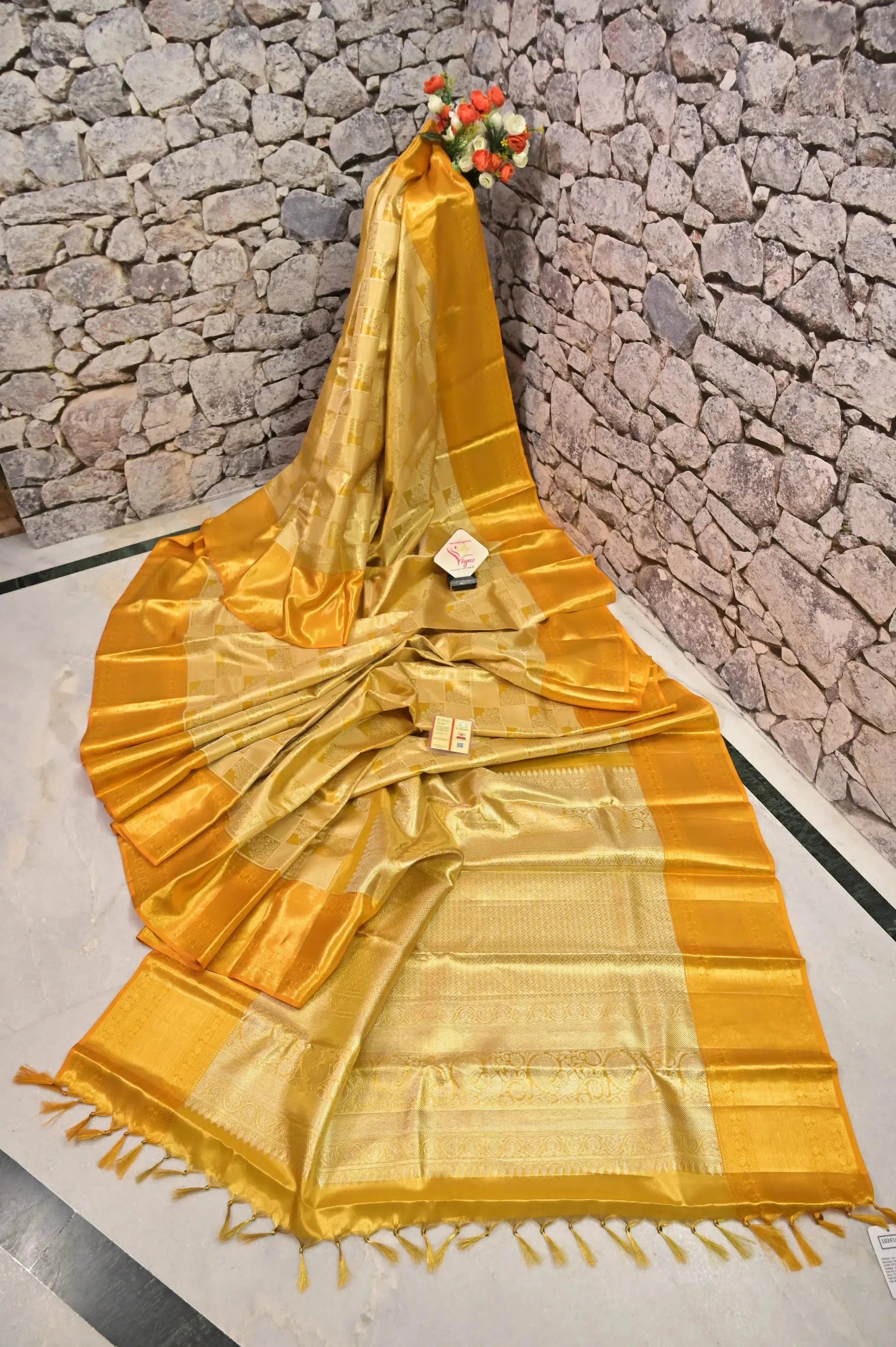 Golden Yellow Color Tissue Kanjeevaram Silk Saree with Allover Silver Zari Work