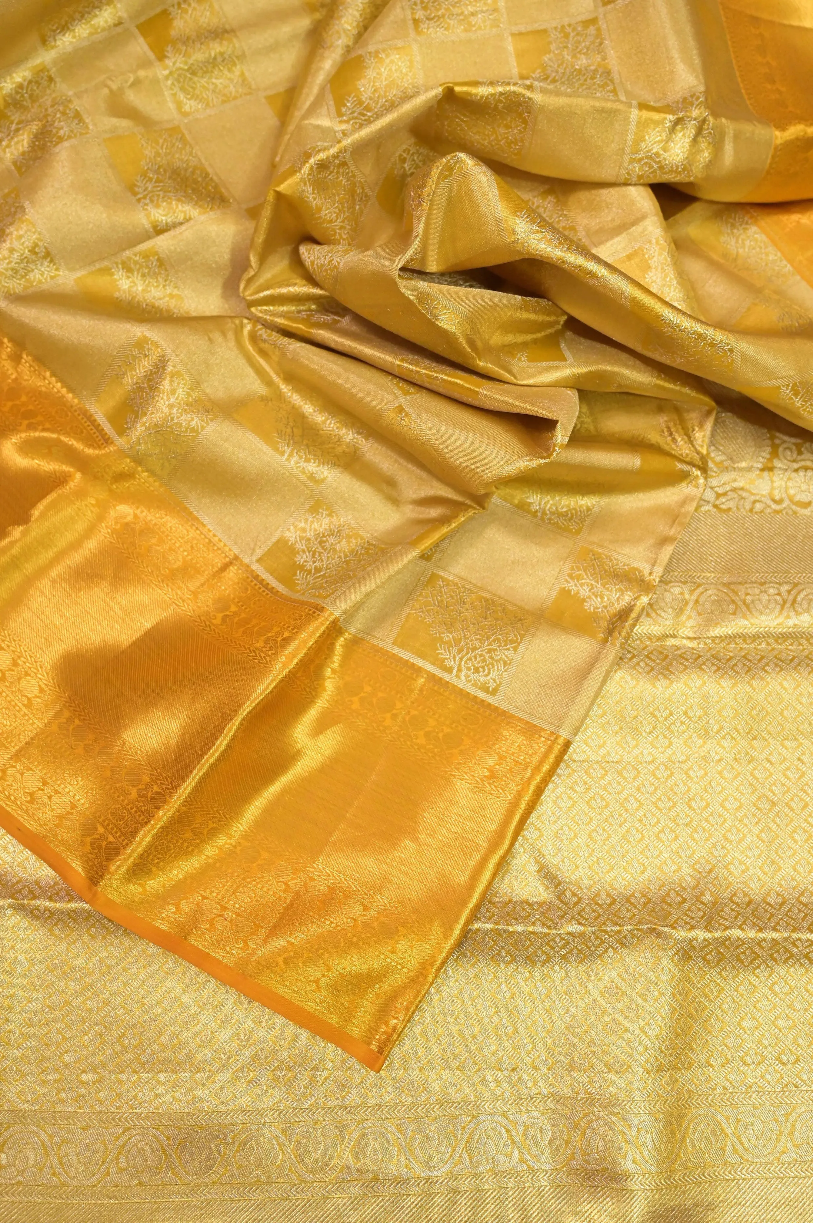 Golden Yellow Color Tissue Kanjeevaram Silk Saree with Allover Silver Zari Work