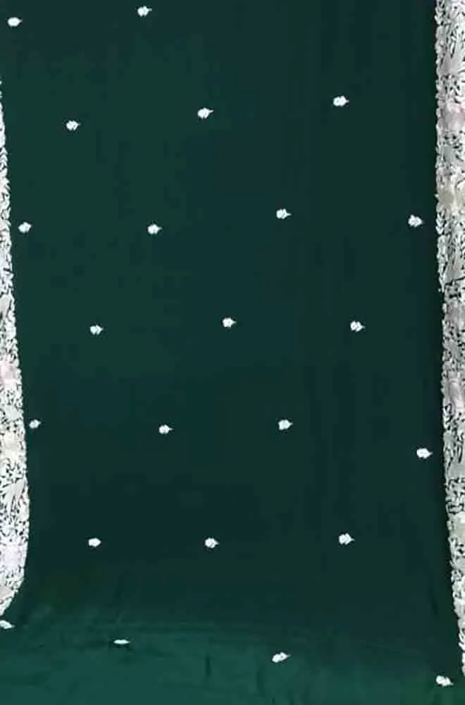 Green Hand Embroidered Parsi Gara Crepe Floral And Bird Design Saree
