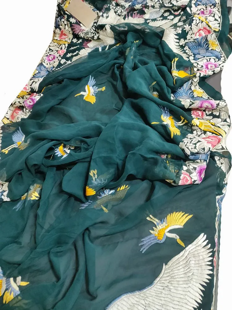 Green Hand Embroidered Parsi Gara Pure Georgette Dupatta