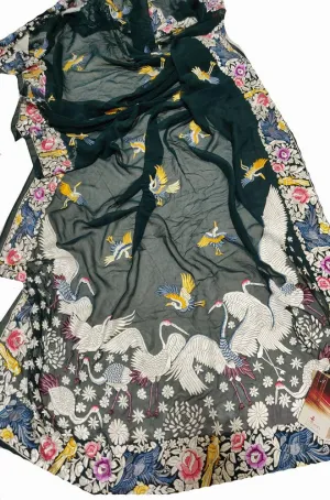 Green Hand Embroidered Parsi Gara Pure Georgette Dupatta