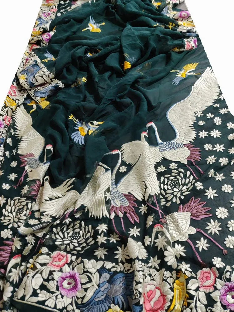 Green Hand Embroidered Parsi Gara Pure Georgette Dupatta