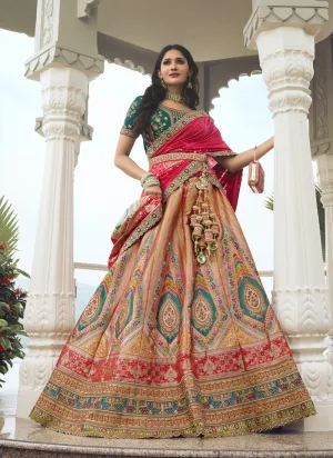 Green-Red Wedding Lehenga with Sequins and Embroidery
