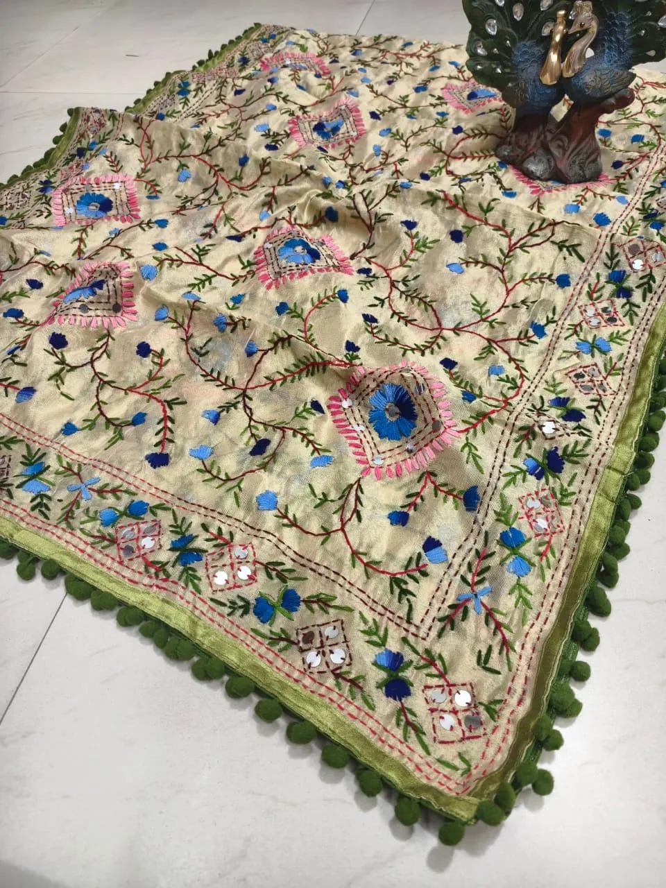 Green Silk Pom Pom Phulkari Dupatta with Exquisite Handwork Embroidery