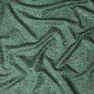 Green Tussar Silk Fabric with Floral Embroidery, 110 cm Width-D20950