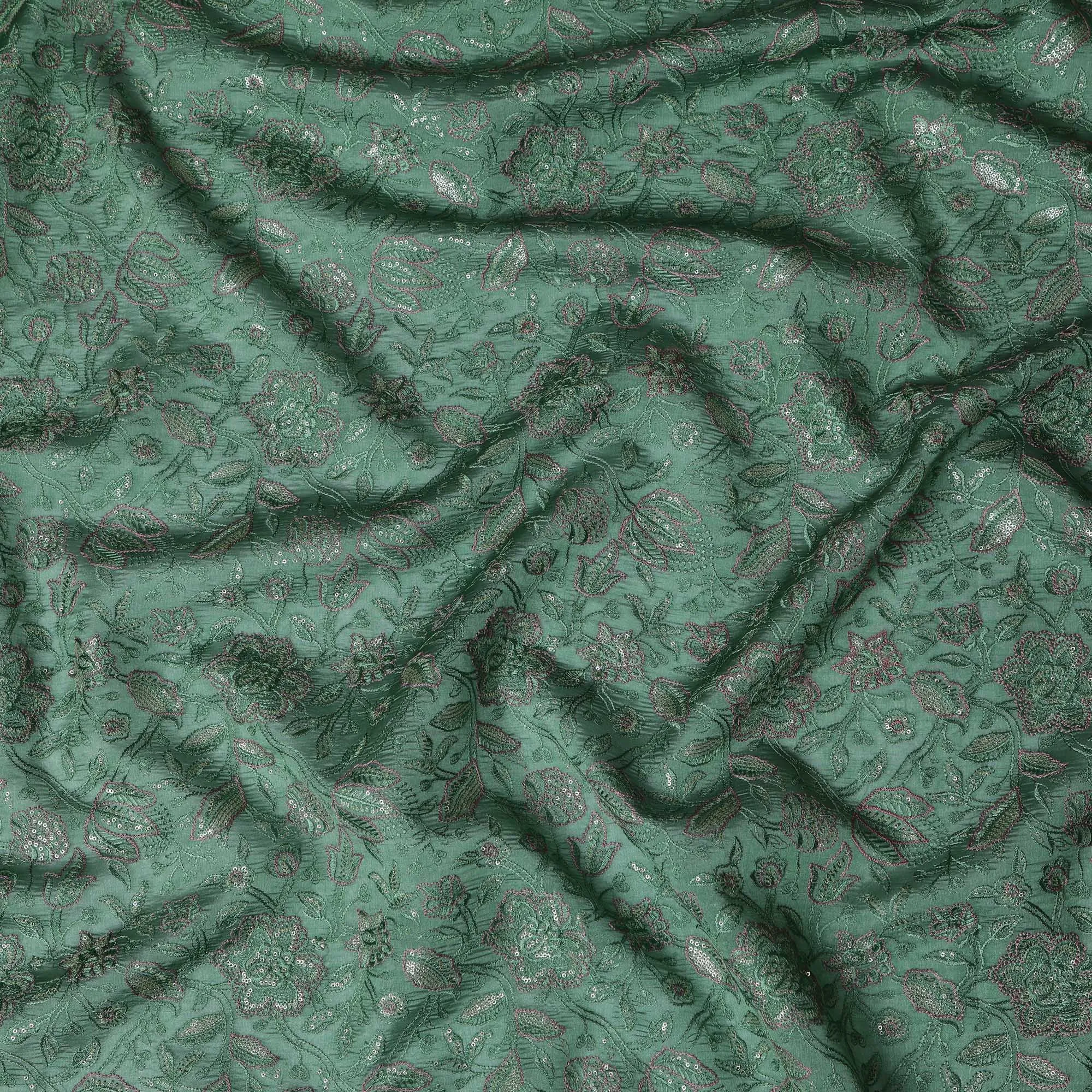 Green Tussar Silk Fabric with Floral Embroidery, 110 cm Width-D20950