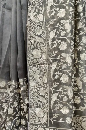 Grey Embroidered Parsi Gara Pure Organza Floral And Bird Design Saree
