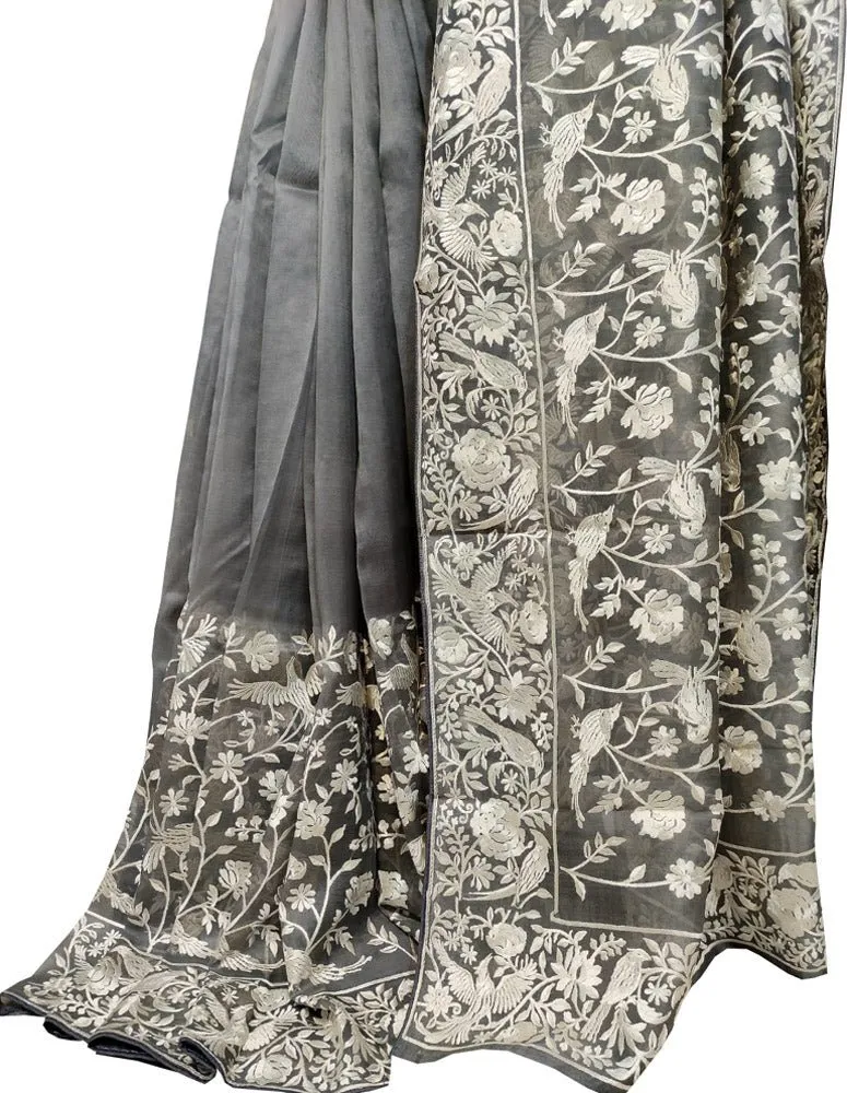Grey Embroidered Parsi Gara Pure Organza Floral And Bird Design Saree