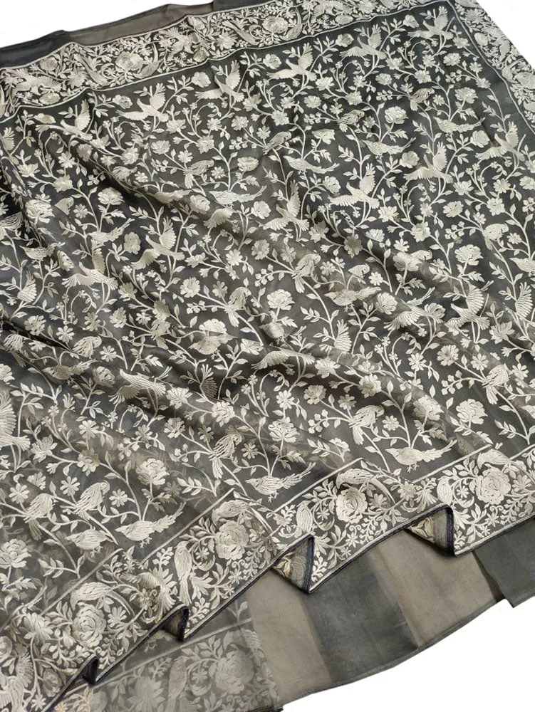 Grey Embroidered Parsi Gara Pure Organza Floral And Bird Design Saree