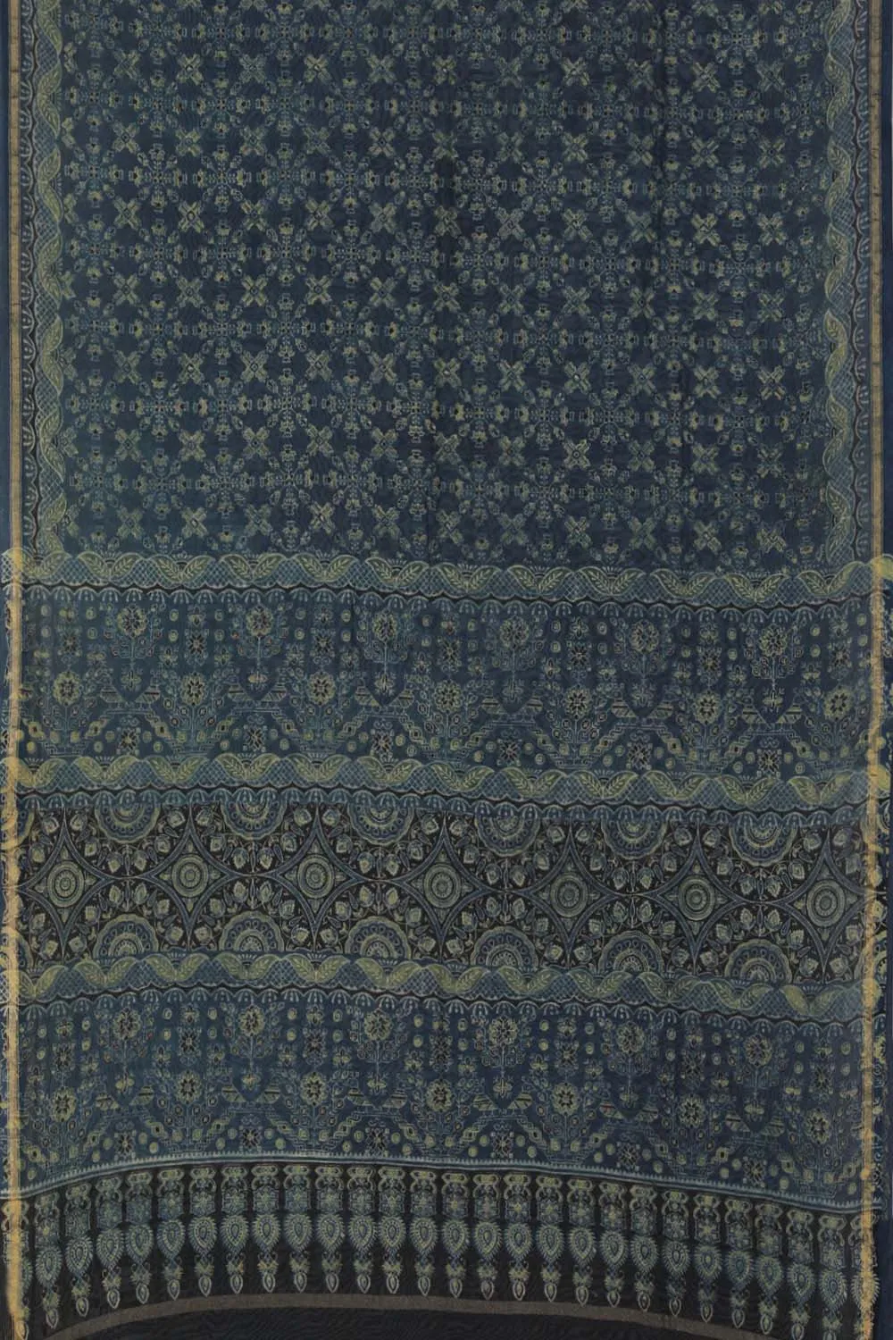 Indigo blue Ajrakh handblockprinted Chanderi saree