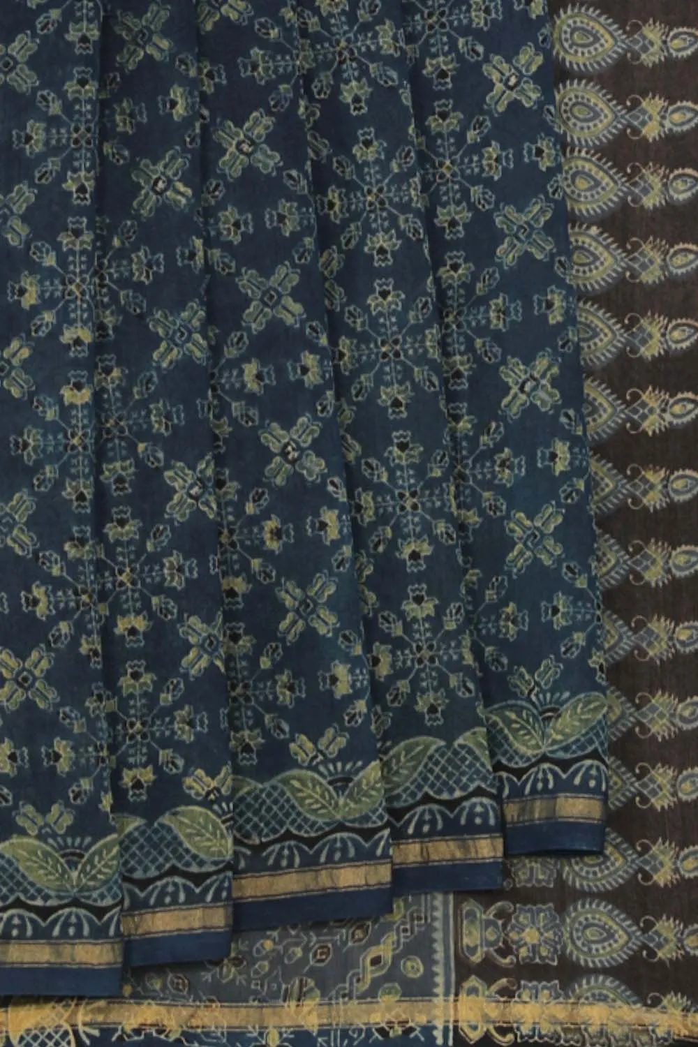 Indigo blue Ajrakh handblockprinted Chanderi saree