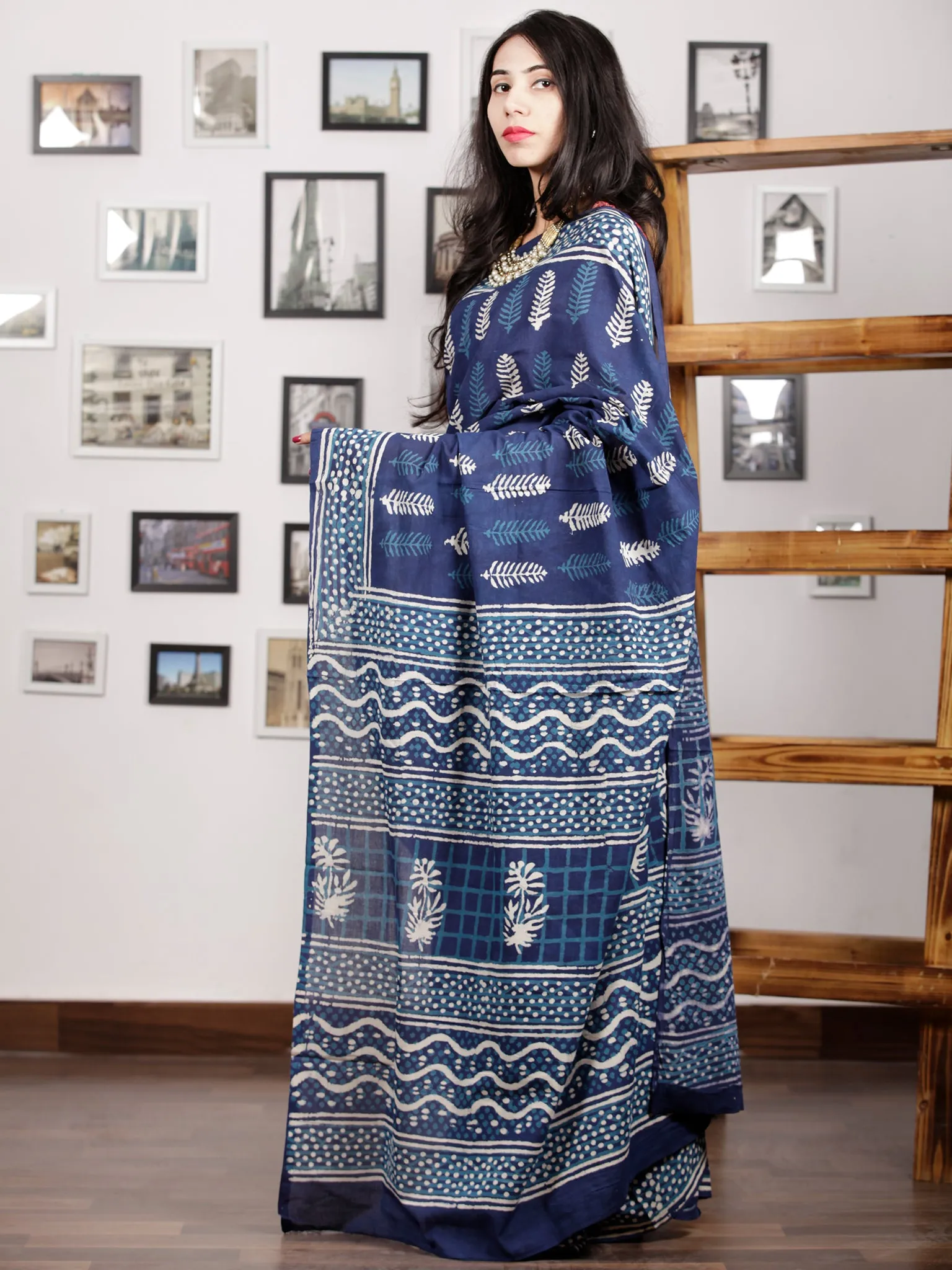 Indigo Blue White Hand Block Printed Cotton Mul Saree - S031703005